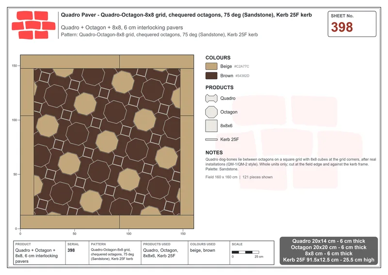 Interlock (Pasco) 20x14 cm · QUA-398 · Quadro-Octagon-8x8 grid, chequered octagons, 75 deg (Sandstone), Kerb 25F kerb · Laying plan