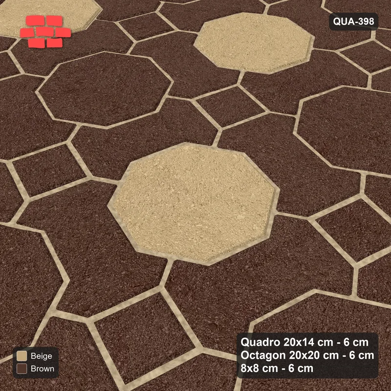 Interlock (Pasco) 20x14 cm · QUA-398 · Quadro-Octagon-8x8 grid, chequered octagons, 75 deg (Sandstone), Kerb 25F kerb · Side view Interlock (Pasco) 20x14 cm · QUA-398 · Quadro-Octagon-8x8 grid, chequered octagons, 75 deg (Sandstone), Kerb 25F kerb · Side view