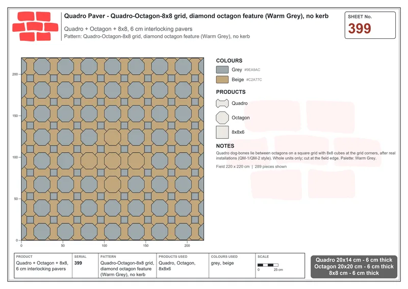 Interlock (Pasco) 20x14 cm · QUA-399 · Quadro-Octagon-8x8 grid, diamond octagon feature (Warm Grey), no kerb · Laying plan