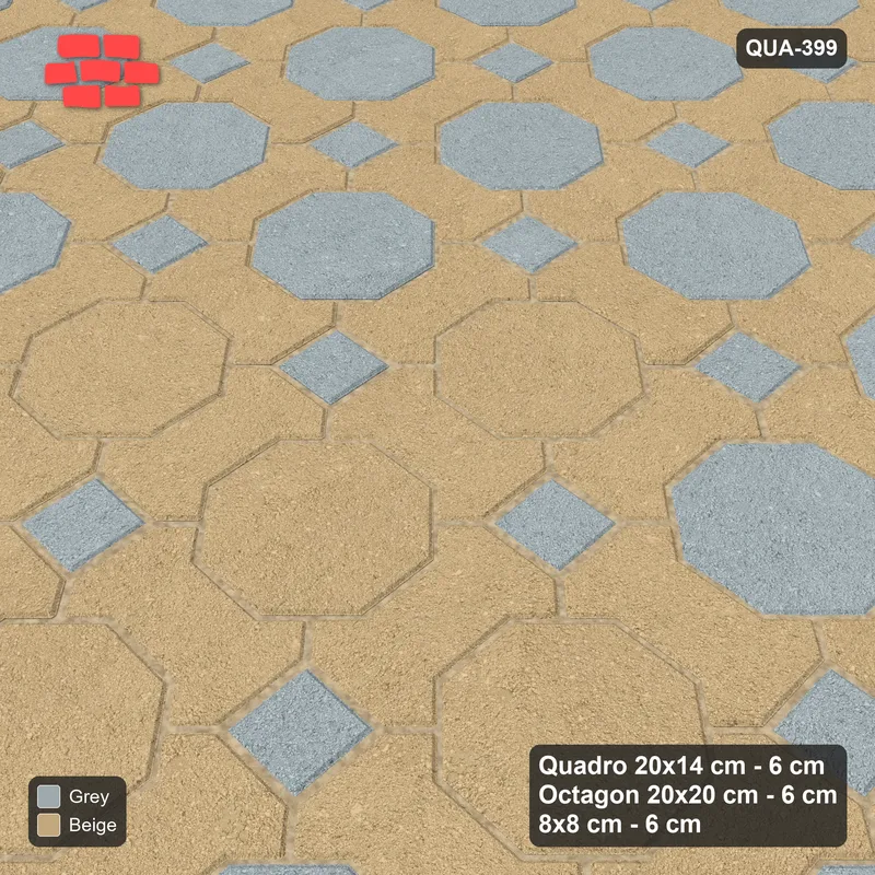 Interlock (Pasco) 20x14 cm · QUA-399 · Quadro-Octagon-8x8 grid, diamond octagon feature (Warm Grey), no kerb · Side view Interlock (Pasco) 20x14 cm · QUA-399 · Quadro-Octagon-8x8 grid, diamond octagon feature (Warm Grey), no kerb · Side view