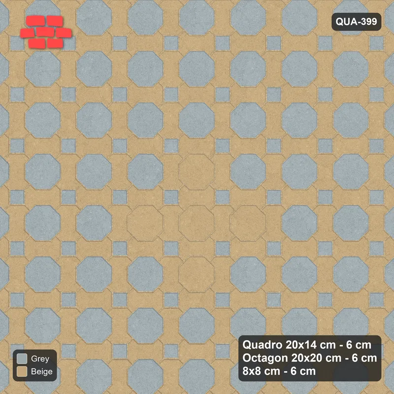 Interlock (Pasco) 20x14 cm · QUA-399 · Quadro-Octagon-8x8 grid, diamond octagon feature (Warm Grey), no kerb · Top view Interlock (Pasco) 20x14 cm · QUA-399 · Quadro-Octagon-8x8 grid, diamond octagon feature (Warm Grey), no kerb · Top view