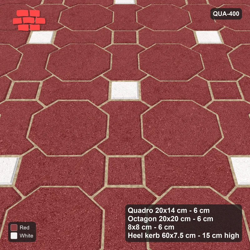 Interlock (Pasco) 20x14 cm · QUA-400 · Quadro-Octagon-8x8 grid, chequered cubes, 45 deg (Burgundy & Ivory), Heel kerb 75x150x600 kerb · Side view Interlock (Pasco) 20x14 cm · QUA-400 · Quadro-Octagon-8x8 grid, chequered cubes, 45 deg (Burgundy & Ivory), Heel kerb 75x150x600 kerb · Side view