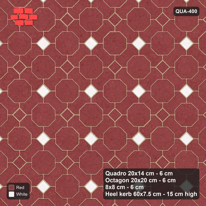 Interlock (Pasco) 20x14 cm · QUA-400 · Quadro-Octagon-8x8 grid, chequered cubes, 45 deg (Burgundy & Ivory), Heel kerb 75x150x600 kerb · Top view Interlock (Pasco) 20x14 cm · QUA-400 · Quadro-Octagon-8x8 grid, chequered cubes, 45 deg (Burgundy & Ivory), Heel kerb 75x150x600 kerb · Top view