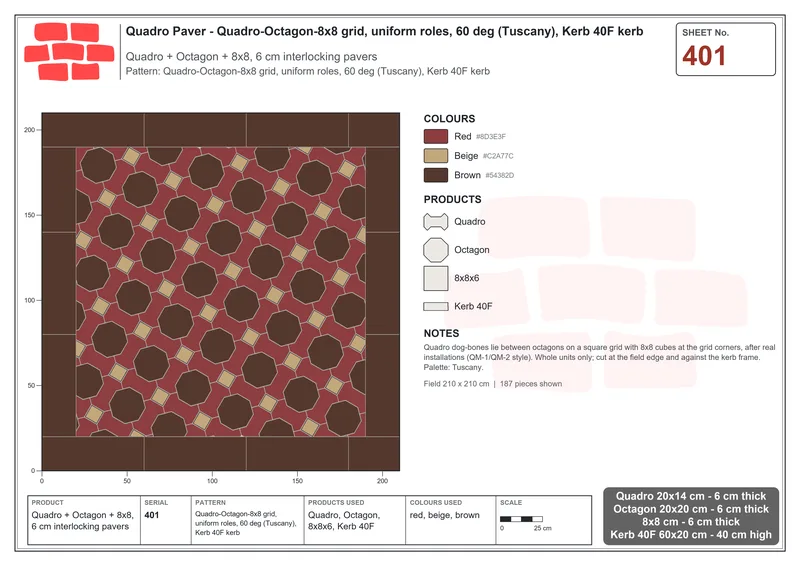 Interlock (Pasco) 20x14 cm · QUA-401 · Quadro-Octagon-8x8 grid, uniform roles, 60 deg (Tuscany), Kerb 40F kerb · Laying plan