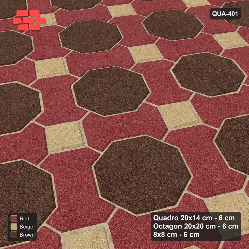 Interlock (Pasco) 20x14 cm · QUA-401 · Quadro-Octagon-8x8 grid, uniform roles, 60 deg (Tuscany), Kerb 40F kerb · Side view Interlock (Pasco) 20x14 cm · QUA-401 · Quadro-Octagon-8x8 grid, uniform roles, 60 deg (Tuscany), Kerb 40F kerb · Side view