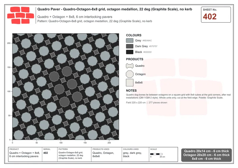 Interlock (Pasco) 20x14 cm · QUA-402 · Quadro-Octagon-8x8 grid, octagon medallion, 22 deg (Graphite Scale), no kerb · Laying plan