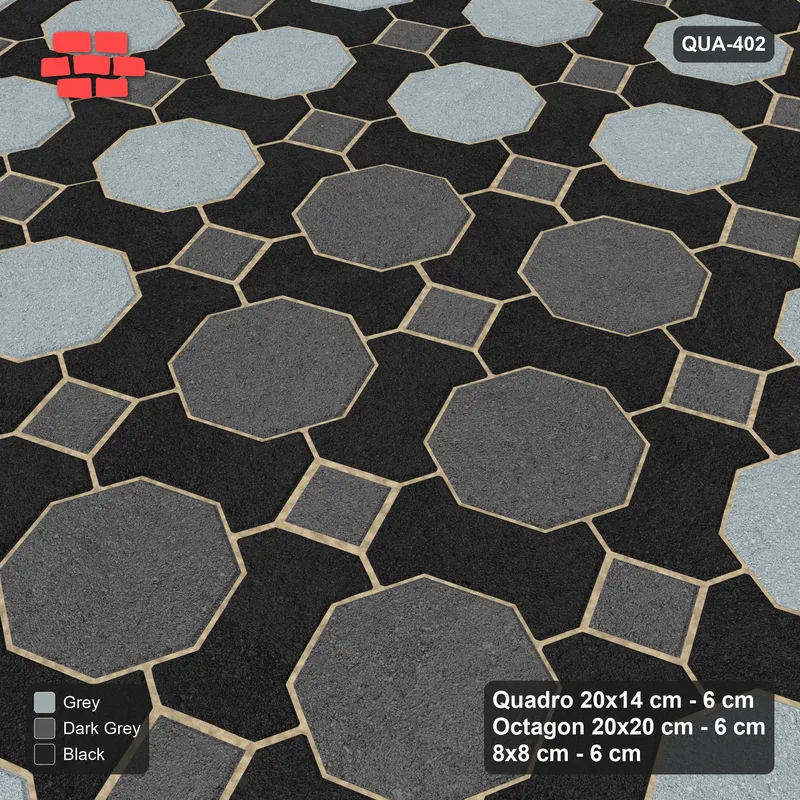 Interlock (Pasco) 20x14 cm · QUA-402 · Quadro-Octagon-8x8 grid, octagon medallion, 22 deg (Graphite Scale), no kerb · Side view Interlock (Pasco) 20x14 cm · QUA-402 · Quadro-Octagon-8x8 grid, octagon medallion, 22 deg (Graphite Scale), no kerb · Side view