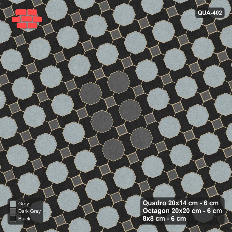 Interlock (Pasco) 20x14 cm · QUA-402 · Quadro-Octagon-8x8 grid, octagon medallion, 22 deg (Graphite Scale), no kerb · Top view Interlock (Pasco) 20x14 cm · QUA-402 · Quadro-Octagon-8x8 grid, octagon medallion, 22 deg (Graphite Scale), no kerb · Top view