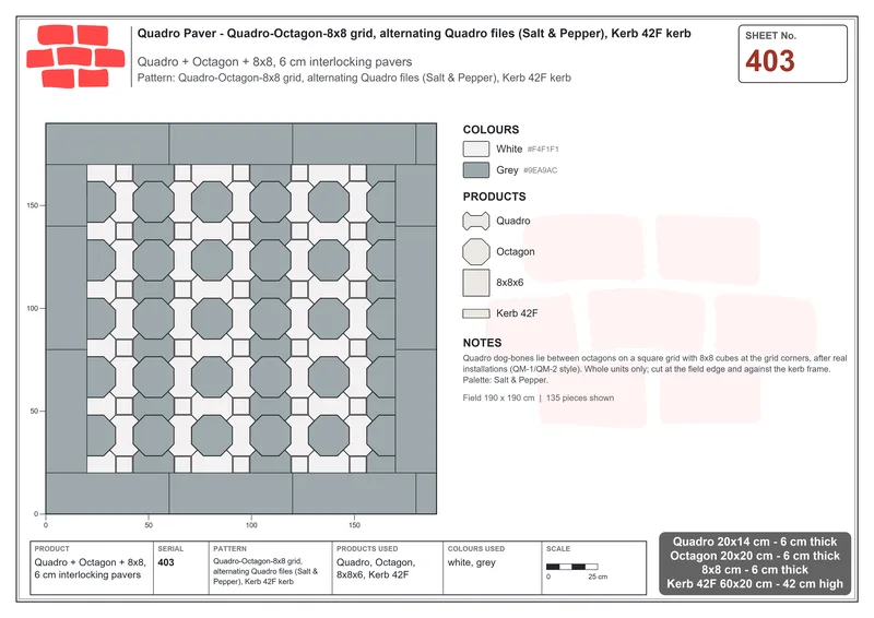 Interlock (Pasco) 20x14 cm · QUA-403 · Quadro-Octagon-8x8 grid, alternating Quadro files (Salt & Pepper), Kerb 42F kerb · Laying plan