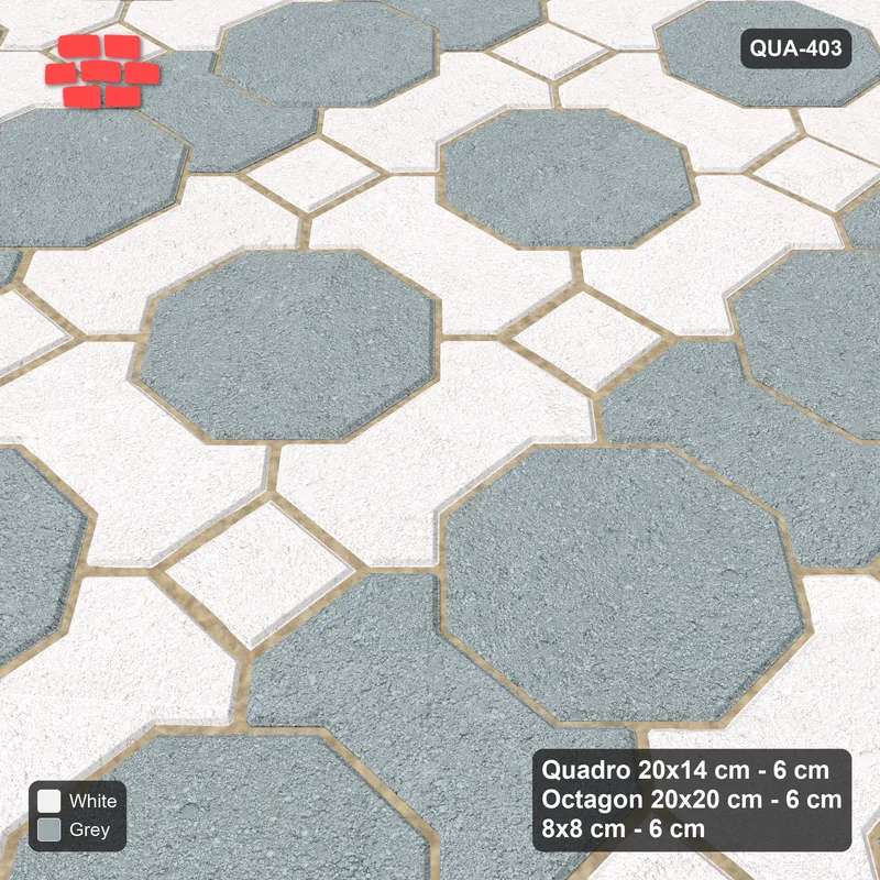 Interlock (Pasco) 20x14 cm · QUA-403 · Quadro-Octagon-8x8 grid, alternating Quadro files (Salt & Pepper), Kerb 42F kerb · Side view Interlock (Pasco) 20x14 cm · QUA-403 · Quadro-Octagon-8x8 grid, alternating Quadro files (Salt & Pepper), Kerb 42F kerb · Side view
