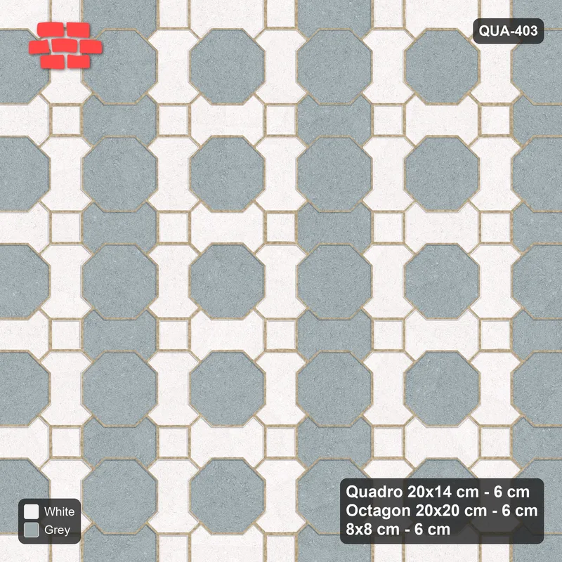 Interlock (Pasco) 20x14 cm · QUA-403 · Quadro-Octagon-8x8 grid, alternating Quadro files (Salt & Pepper), Kerb 42F kerb · Top view Interlock (Pasco) 20x14 cm · QUA-403 · Quadro-Octagon-8x8 grid, alternating Quadro files (Salt & Pepper), Kerb 42F kerb · Top view