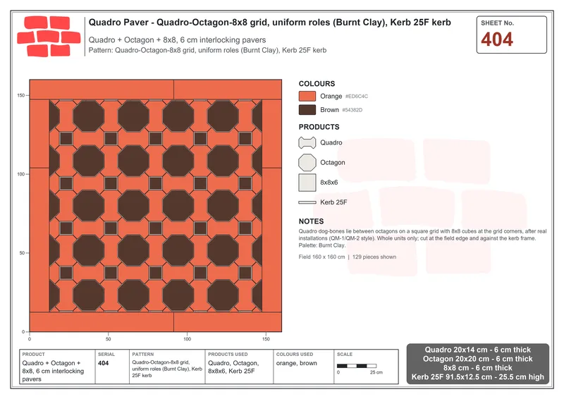 Interlock (Pasco) 20x14 cm · QUA-404 · Quadro-Octagon-8x8 grid, uniform roles (Burnt Clay), Kerb 25F kerb · Laying plan