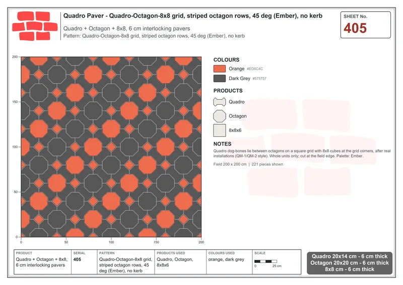 Interlock (Pasco) 20x14 cm · QUA-405 · Quadro-Octagon-8x8 grid, striped octagon rows, 45 deg (Ember), no kerb · Laying plan