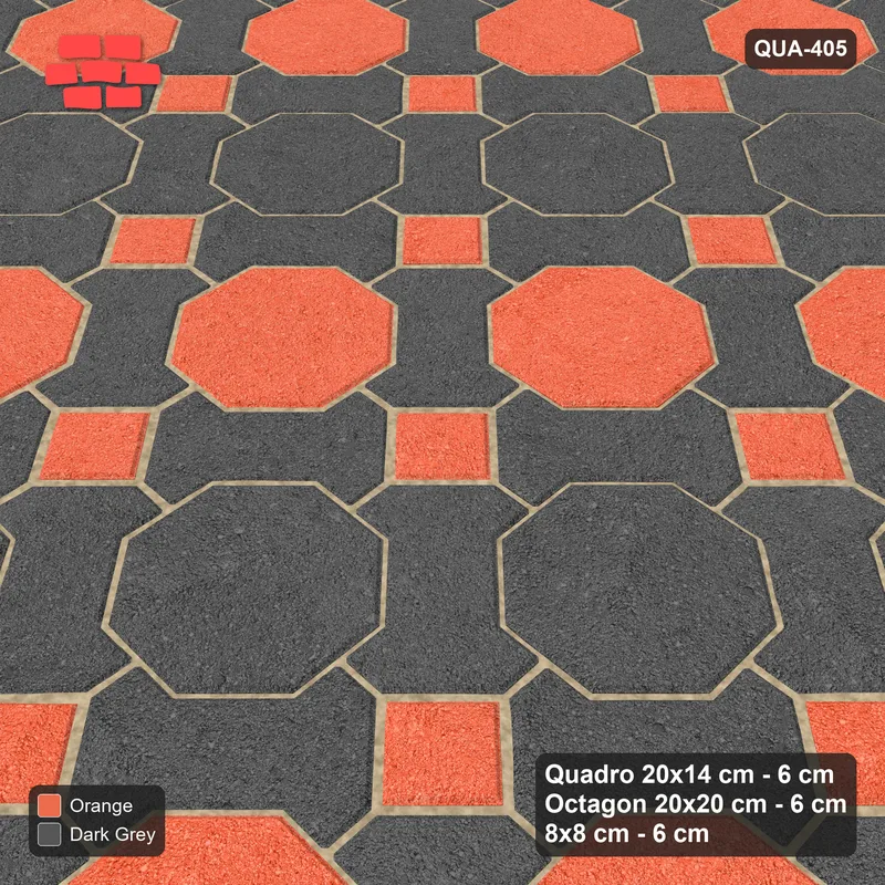 Interlock (Pasco) 20x14 cm · QUA-405 · Quadro-Octagon-8x8 grid, striped octagon rows, 45 deg (Ember), no kerb · Side view Interlock (Pasco) 20x14 cm · QUA-405 · Quadro-Octagon-8x8 grid, striped octagon rows, 45 deg (Ember), no kerb · Side view