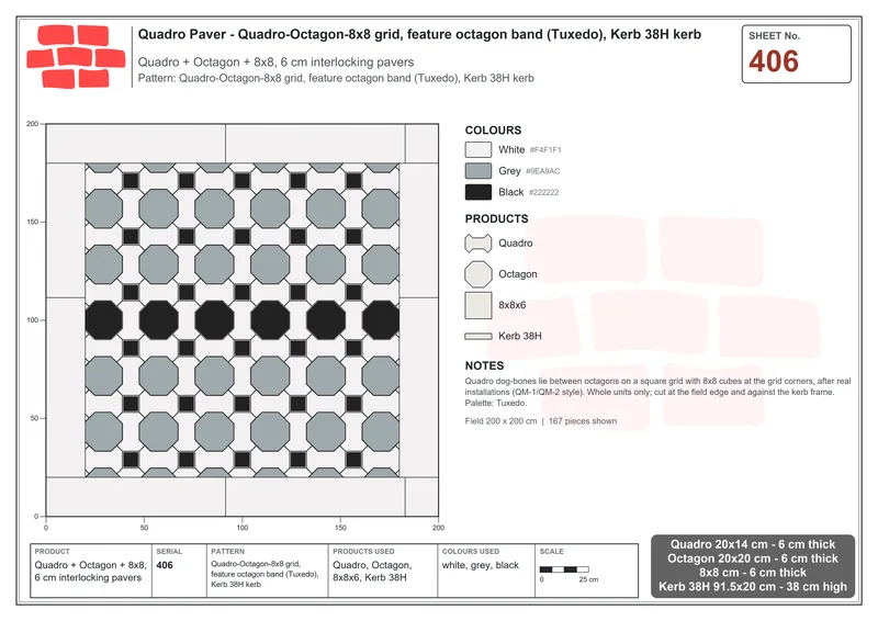 Interlock (Pasco) 20x14 cm · QUA-406 · Quadro-Octagon-8x8 grid, feature octagon band (Tuxedo), Kerb 38H kerb · Laying plan