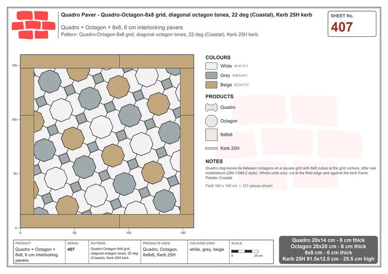 Interlock (Pasco) 20x14 cm · QUA-407 · Quadro-Octagon-8x8 grid, diagonal octagon tones, 22 deg (Coastal), Kerb 25H kerb · Laying plan