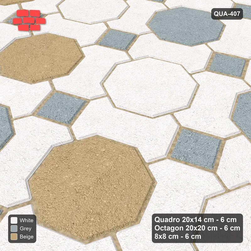 Interlock (Pasco) 20x14 cm · QUA-407 · Quadro-Octagon-8x8 grid, diagonal octagon tones, 22 deg (Coastal), Kerb 25H kerb · Side view Interlock (Pasco) 20x14 cm · QUA-407 · Quadro-Octagon-8x8 grid, diagonal octagon tones, 22 deg (Coastal), Kerb 25H kerb · Side view