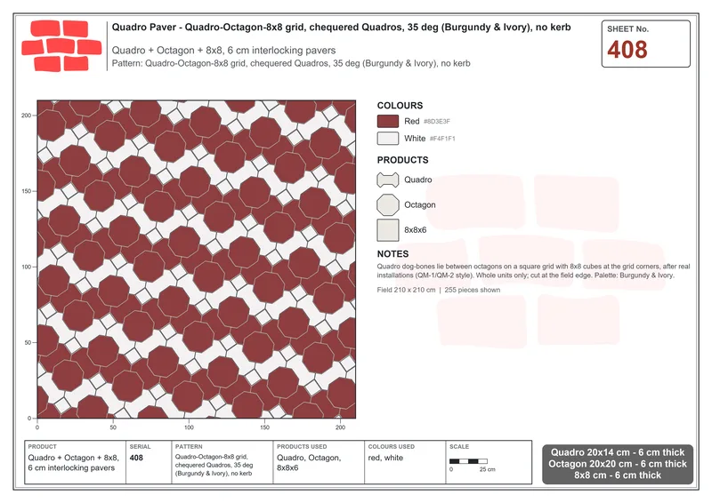 Interlock (Pasco) 20x14 cm · QUA-408 · Quadro-Octagon-8x8 grid, chequered Quadros, 35 deg (Burgundy & Ivory), no kerb · Laying plan