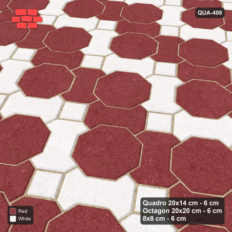 Interlock (Pasco) 20x14 cm · QUA-408 · Quadro-Octagon-8x8 grid, chequered Quadros, 35 deg (Burgundy & Ivory), no kerb · Side view Interlock (Pasco) 20x14 cm · QUA-408 · Quadro-Octagon-8x8 grid, chequered Quadros, 35 deg (Burgundy & Ivory), no kerb · Side view