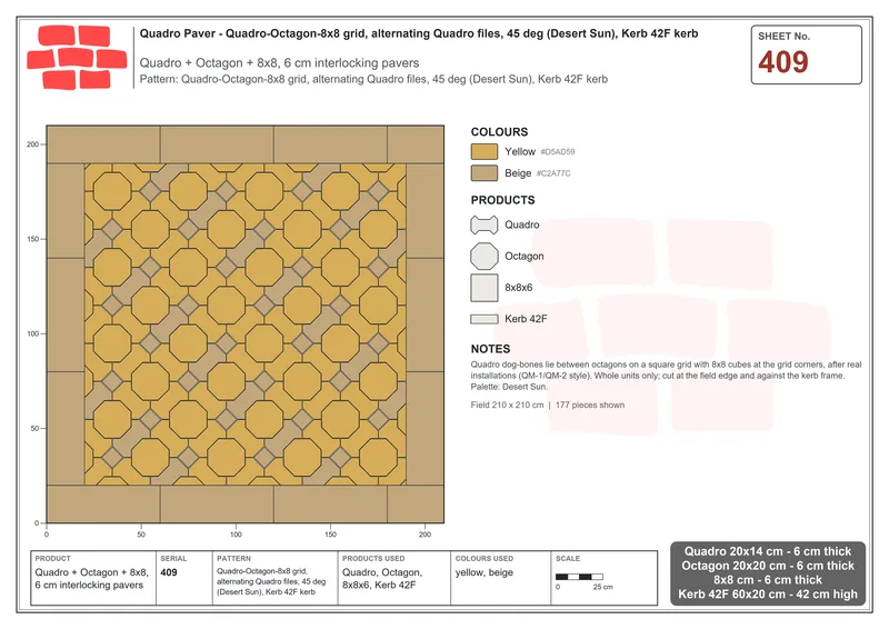 Interlock (Pasco) 20x14 cm · QUA-409 · Quadro-Octagon-8x8 grid, alternating Quadro files, 45 deg (Desert Sun), Kerb 42F kerb · Laying plan
