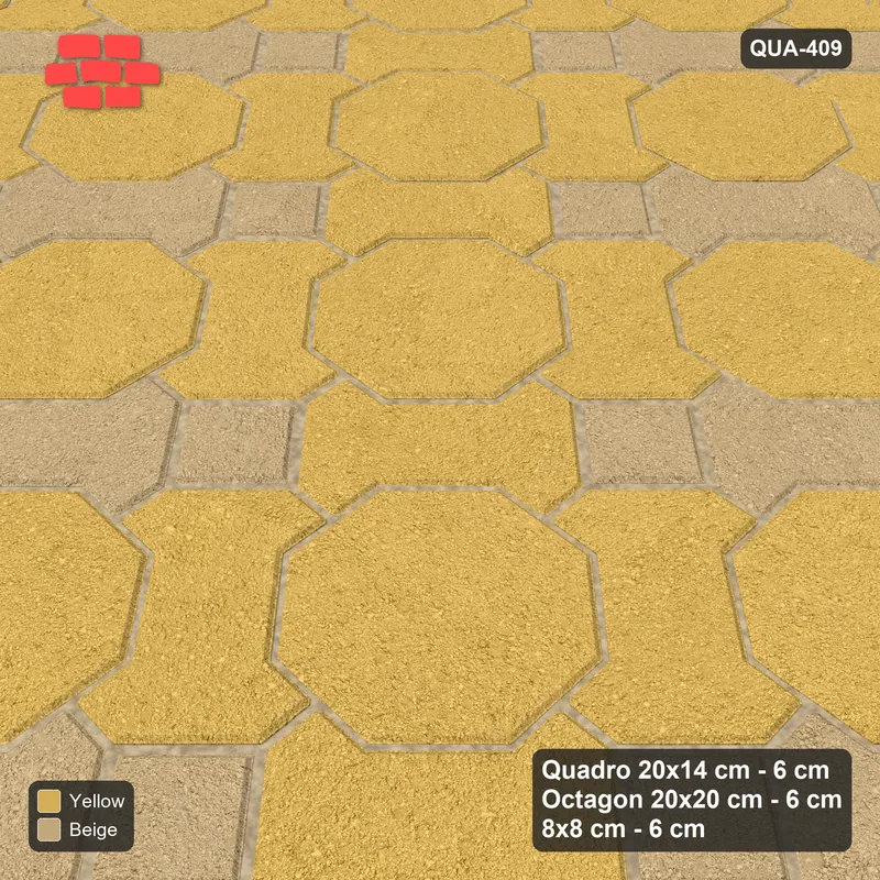 Interlock (Pasco) 20x14 cm · QUA-409 · Quadro-Octagon-8x8 grid, alternating Quadro files, 45 deg (Desert Sun), Kerb 42F kerb · Side view Interlock (Pasco) 20x14 cm · QUA-409 · Quadro-Octagon-8x8 grid, alternating Quadro files, 45 deg (Desert Sun), Kerb 42F kerb · Side view