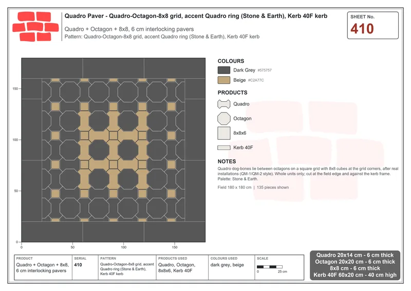 Interlock (Pasco) 20x14 cm · QUA-410 · Quadro-Octagon-8x8 grid, accent Quadro ring (Stone & Earth), Kerb 40F kerb · Laying plan