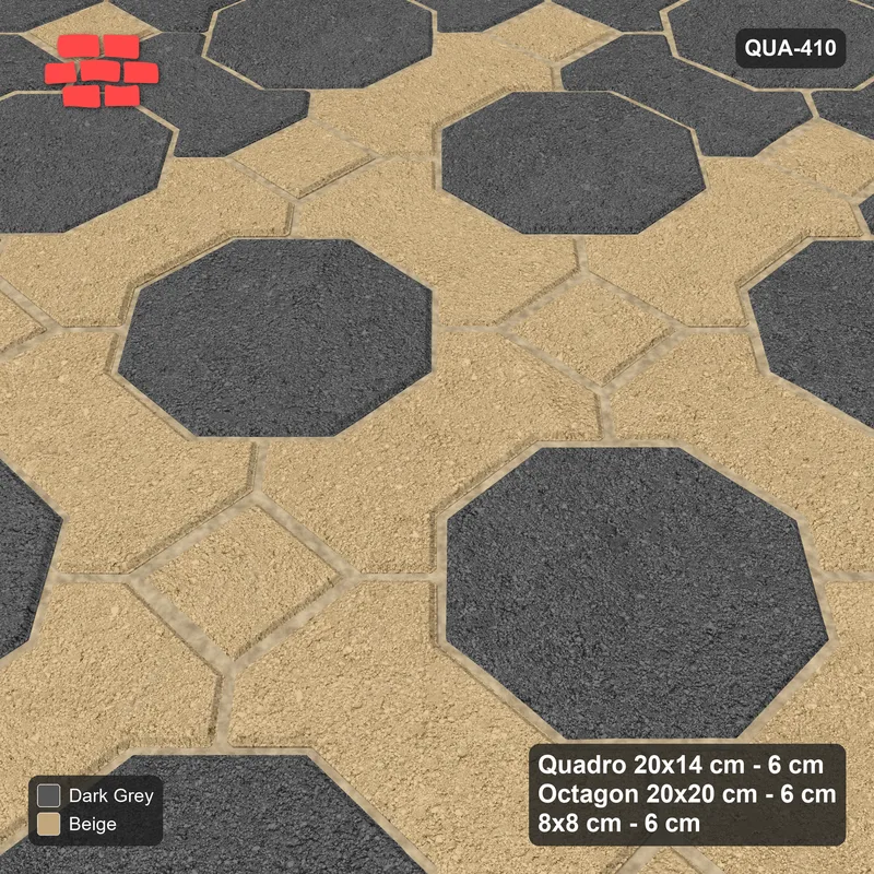Interlock (Pasco) 20x14 cm · QUA-410 · Quadro-Octagon-8x8 grid, accent Quadro ring (Stone & Earth), Kerb 40F kerb · Side view Interlock (Pasco) 20x14 cm · QUA-410 · Quadro-Octagon-8x8 grid, accent Quadro ring (Stone & Earth), Kerb 40F kerb · Side view