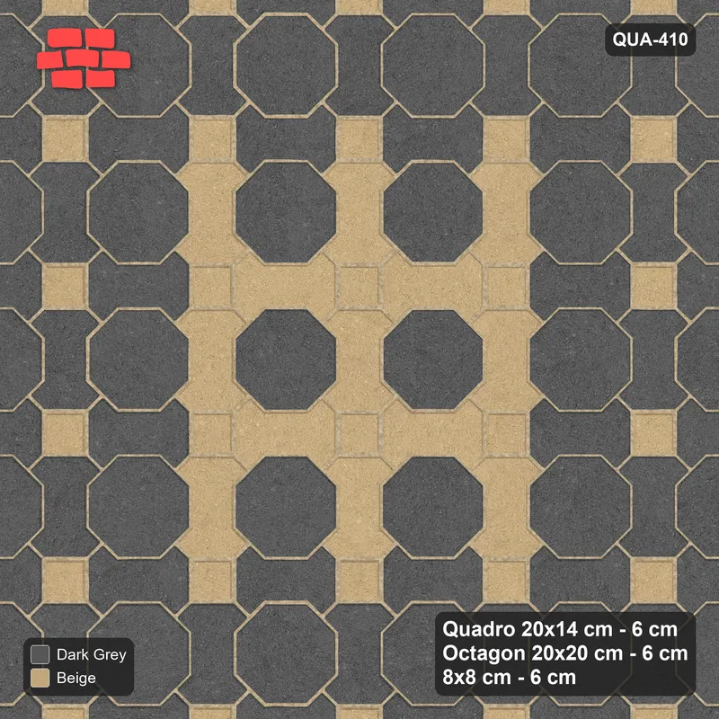 Interlock (Pasco) 20x14 cm · QUA-410 · Quadro-Octagon-8x8 grid, accent Quadro ring (Stone & Earth), Kerb 40F kerb · Top view Interlock (Pasco) 20x14 cm · QUA-410 · Quadro-Octagon-8x8 grid, accent Quadro ring (Stone & Earth), Kerb 40F kerb · Top view