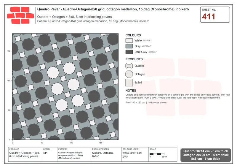 Interlock (Pasco) 20x14 cm · QUA-411 · Quadro-Octagon-8x8 grid, octagon medallion, 15 deg (Monochrome), no kerb · Laying plan
