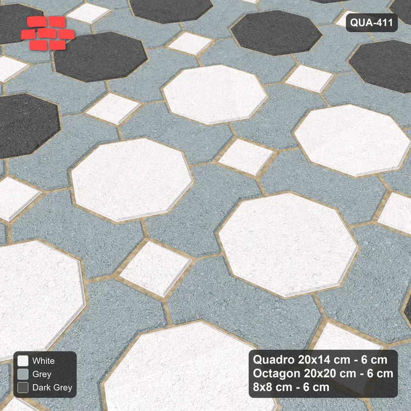 Interlock (Pasco) 20x14 cm · QUA-411 · Quadro-Octagon-8x8 grid, octagon medallion, 15 deg (Monochrome), no kerb · Side view Interlock (Pasco) 20x14 cm · QUA-411 · Quadro-Octagon-8x8 grid, octagon medallion, 15 deg (Monochrome), no kerb · Side view