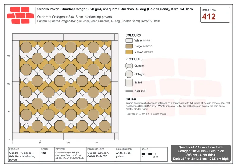 Interlock (Pasco) 20x14 cm · QUA-412 · Quadro-Octagon-8x8 grid, chequered Quadros, 45 deg (Golden Sand), Kerb 25F kerb · Laying plan