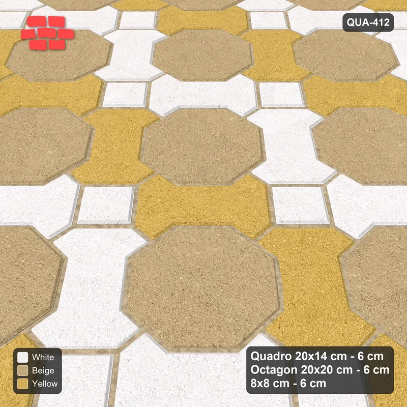 Interlock (Pasco) 20x14 cm · QUA-412 · Quadro-Octagon-8x8 grid, chequered Quadros, 45 deg (Golden Sand), Kerb 25F kerb · Side view Interlock (Pasco) 20x14 cm · QUA-412 · Quadro-Octagon-8x8 grid, chequered Quadros, 45 deg (Golden Sand), Kerb 25F kerb · Side view