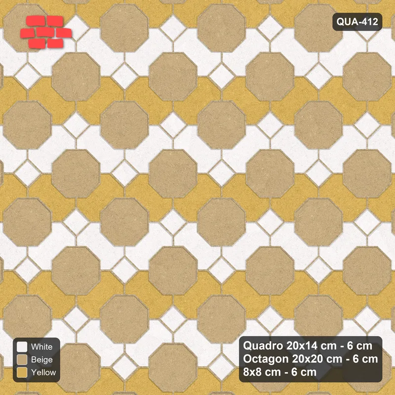 Interlock (Pasco) 20x14 cm · QUA-412 · Quadro-Octagon-8x8 grid, chequered Quadros, 45 deg (Golden Sand), Kerb 25F kerb · Top view Interlock (Pasco) 20x14 cm · QUA-412 · Quadro-Octagon-8x8 grid, chequered Quadros, 45 deg (Golden Sand), Kerb 25F kerb · Top view