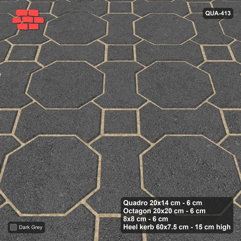 Interlock (Pasco) 20x14 cm · QUA-413 · Quadro-Octagon-8x8 grid, uniform roles, 45 deg (Charcoal), Heel kerb 75x150x600 kerb · Side view Interlock (Pasco) 20x14 cm · QUA-413 · Quadro-Octagon-8x8 grid, uniform roles, 45 deg (Charcoal), Heel kerb 75x150x600 kerb · Side view