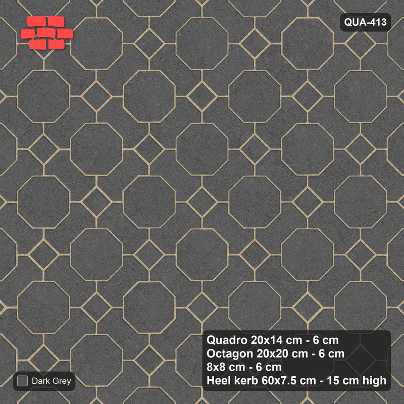 Interlock (Pasco) 20x14 cm · QUA-413 · Quadro-Octagon-8x8 grid, uniform roles, 45 deg (Charcoal), Heel kerb 75x150x600 kerb · Top view Interlock (Pasco) 20x14 cm · QUA-413 · Quadro-Octagon-8x8 grid, uniform roles, 45 deg (Charcoal), Heel kerb 75x150x600 kerb · Top view