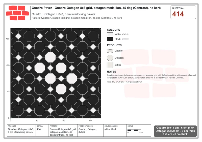 Interlock (Pasco) 20x14 cm · QUA-414 · Quadro-Octagon-8x8 grid, octagon medallion, 45 deg (Contrast), no kerb · Laying plan