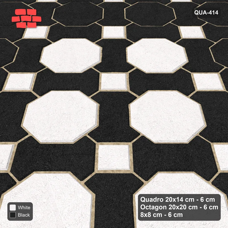 Interlock (Pasco) 20x14 cm · QUA-414 · Quadro-Octagon-8x8 grid, octagon medallion, 45 deg (Contrast), no kerb · Side view Interlock (Pasco) 20x14 cm · QUA-414 · Quadro-Octagon-8x8 grid, octagon medallion, 45 deg (Contrast), no kerb · Side view