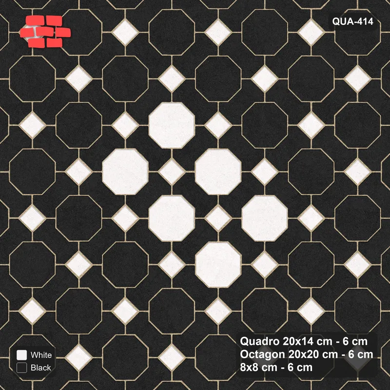 Interlock (Pasco) 20x14 cm · QUA-414 · Quadro-Octagon-8x8 grid, octagon medallion, 45 deg (Contrast), no kerb · Top view Interlock (Pasco) 20x14 cm · QUA-414 · Quadro-Octagon-8x8 grid, octagon medallion, 45 deg (Contrast), no kerb · Top view