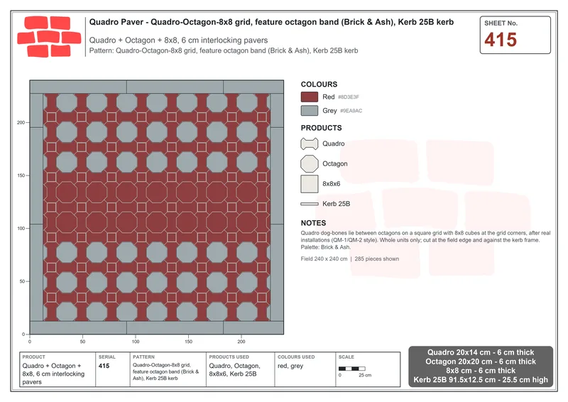 Interlock (Pasco) 20x14 cm · QUA-415 · Quadro-Octagon-8x8 grid, feature octagon band (Brick & Ash), Kerb 25B kerb · Laying plan