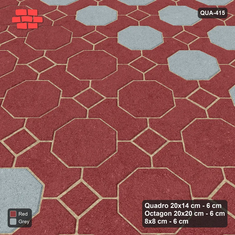 Interlock (Pasco) 20x14 cm · QUA-415 · Quadro-Octagon-8x8 grid, feature octagon band (Brick & Ash), Kerb 25B kerb · Side view Interlock (Pasco) 20x14 cm · QUA-415 · Quadro-Octagon-8x8 grid, feature octagon band (Brick & Ash), Kerb 25B kerb · Side view