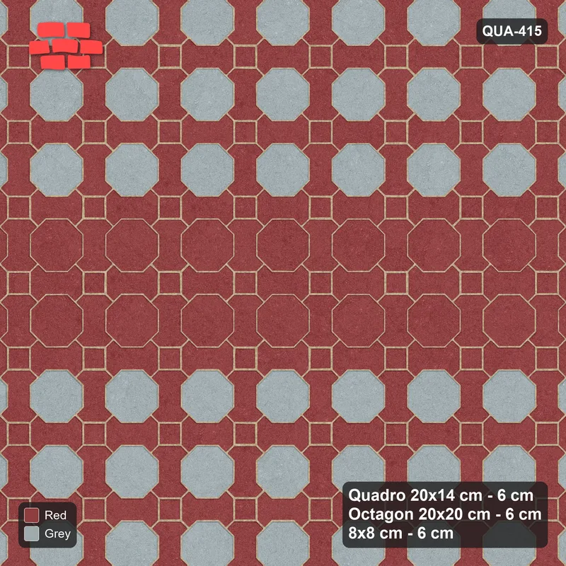 Interlock (Pasco) 20x14 cm · QUA-415 · Quadro-Octagon-8x8 grid, feature octagon band (Brick & Ash), Kerb 25B kerb · Top view Interlock (Pasco) 20x14 cm · QUA-415 · Quadro-Octagon-8x8 grid, feature octagon band (Brick & Ash), Kerb 25B kerb · Top view