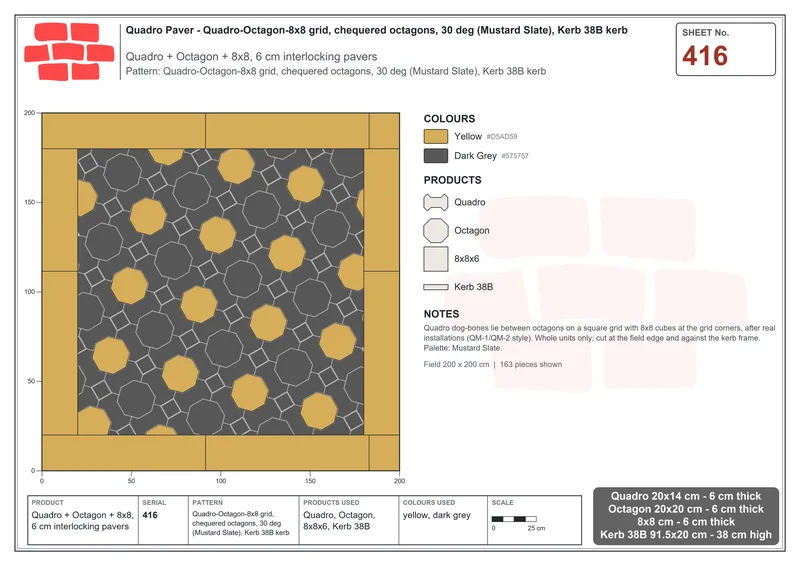 Interlock (Pasco) 20x14 cm · QUA-416 · Quadro-Octagon-8x8 grid, chequered octagons, 30 deg (Mustard Slate), Kerb 38B kerb · Laying plan