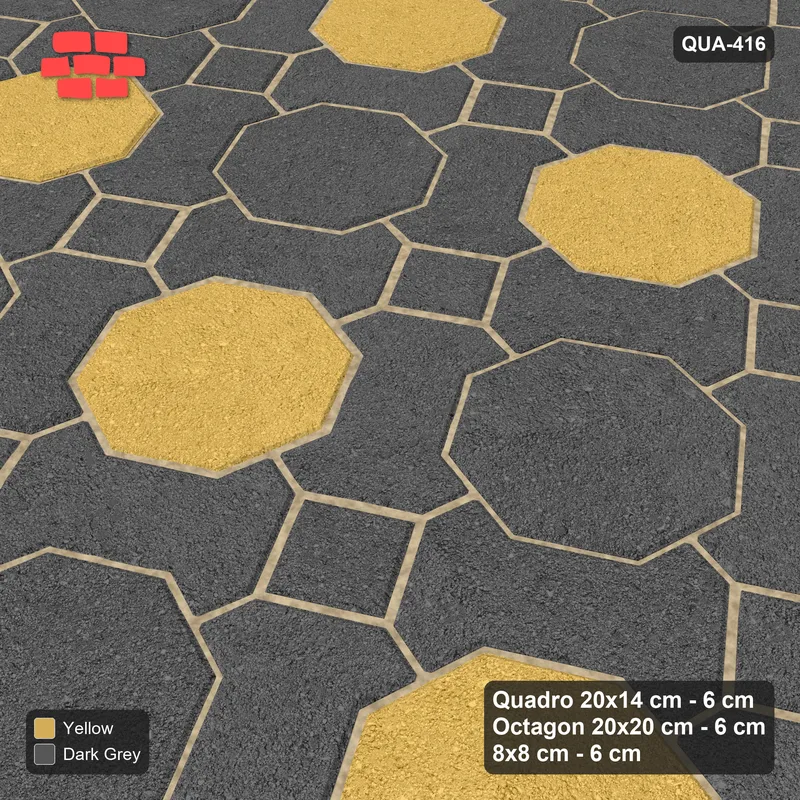 Interlock (Pasco) 20x14 cm · QUA-416 · Quadro-Octagon-8x8 grid, chequered octagons, 30 deg (Mustard Slate), Kerb 38B kerb · Side view Interlock (Pasco) 20x14 cm · QUA-416 · Quadro-Octagon-8x8 grid, chequered octagons, 30 deg (Mustard Slate), Kerb 38B kerb · Side view