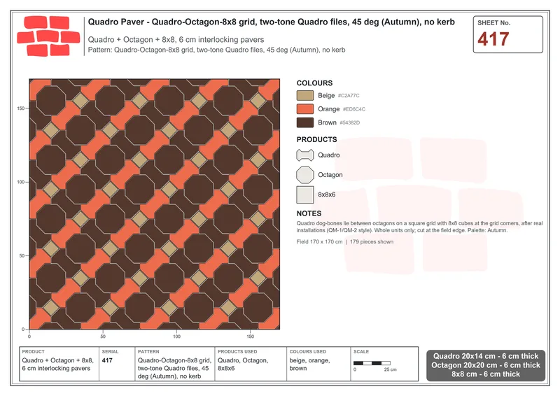 Interlock (Pasco) 20x14 cm · QUA-417 · Quadro-Octagon-8x8 grid, two-tone Quadro files, 45 deg (Autumn), no kerb · Laying plan