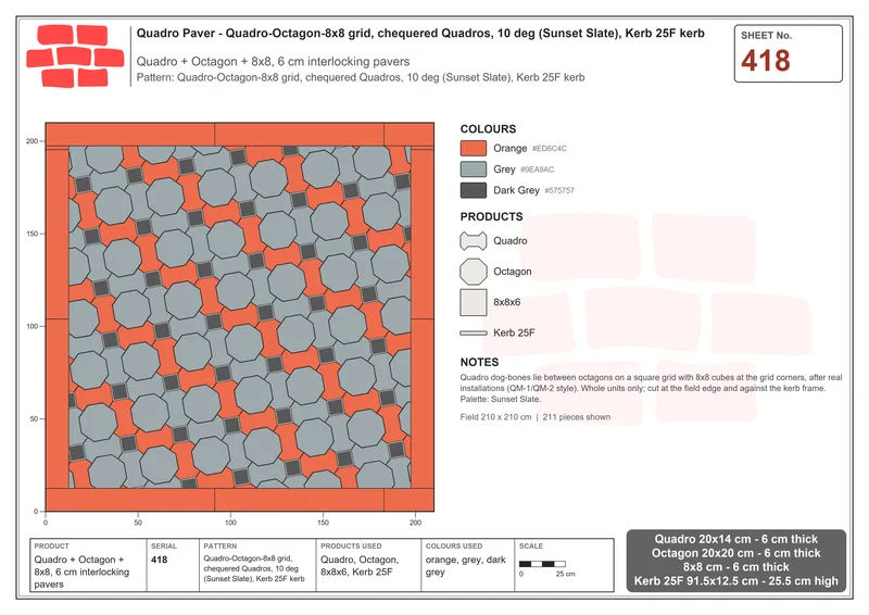 Interlock (Pasco) 20x14 cm · QUA-418 · Quadro-Octagon-8x8 grid, chequered Quadros, 10 deg (Sunset Slate), Kerb 25F kerb · Laying plan