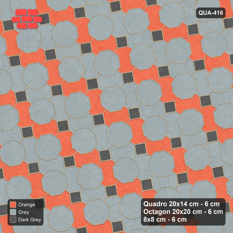 Interlock (Pasco) 20x14 cm · QUA-418 · Quadro-Octagon-8x8 grid, chequered Quadros, 10 deg (Sunset Slate), Kerb 25F kerb · Top view Interlock (Pasco) 20x14 cm · QUA-418 · Quadro-Octagon-8x8 grid, chequered Quadros, 10 deg (Sunset Slate), Kerb 25F kerb · Top view