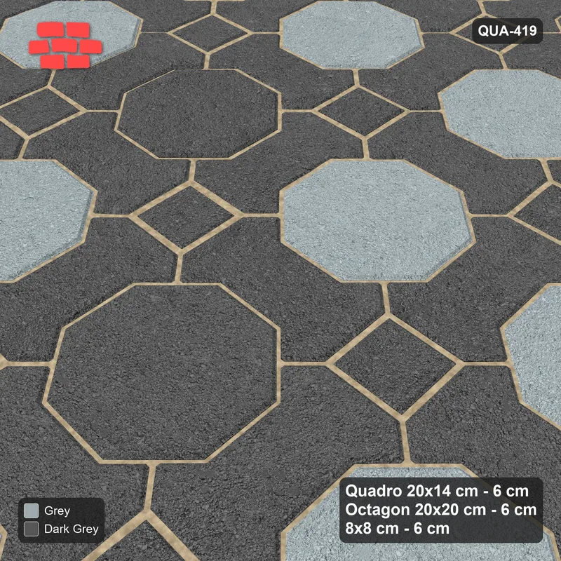 Interlock (Pasco) 20x14 cm · QUA-419 · Quadro-Octagon-8x8 grid, diagonal octagon tones (Charcoal Edge), Kerb 30F kerb · Side view Interlock (Pasco) 20x14 cm · QUA-419 · Quadro-Octagon-8x8 grid, diagonal octagon tones (Charcoal Edge), Kerb 30F kerb · Side view