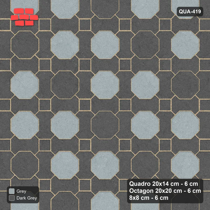 Interlock (Pasco) 20x14 cm · QUA-419 · Quadro-Octagon-8x8 grid, diagonal octagon tones (Charcoal Edge), Kerb 30F kerb · Top view Interlock (Pasco) 20x14 cm · QUA-419 · Quadro-Octagon-8x8 grid, diagonal octagon tones (Charcoal Edge), Kerb 30F kerb · Top view