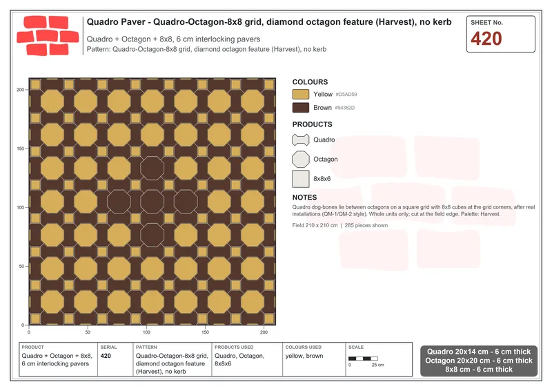 Interlock (Pasco) 20x14 cm · QUA-420 · Quadro-Octagon-8x8 grid, diamond octagon feature (Harvest), no kerb · Laying plan