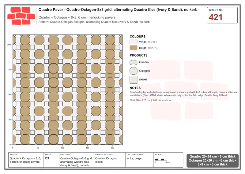 Interlock (Pasco) 20x14 cm · QUA-421 · Quadro-Octagon-8x8 grid, alternating Quadro files (Ivory & Sand), no kerb · Laying plan